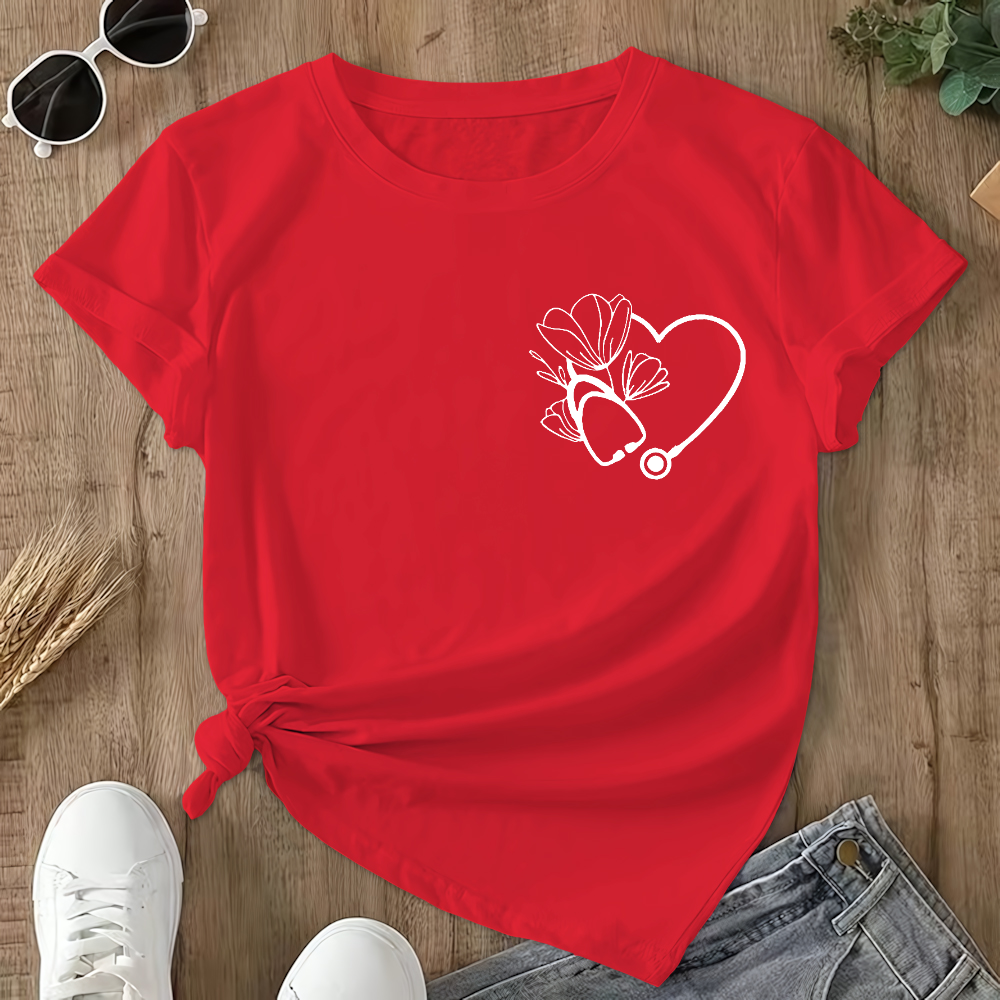 Heart Stethoscope Inspire Love Heal Double-Sided Cotton Printed T-Shirt