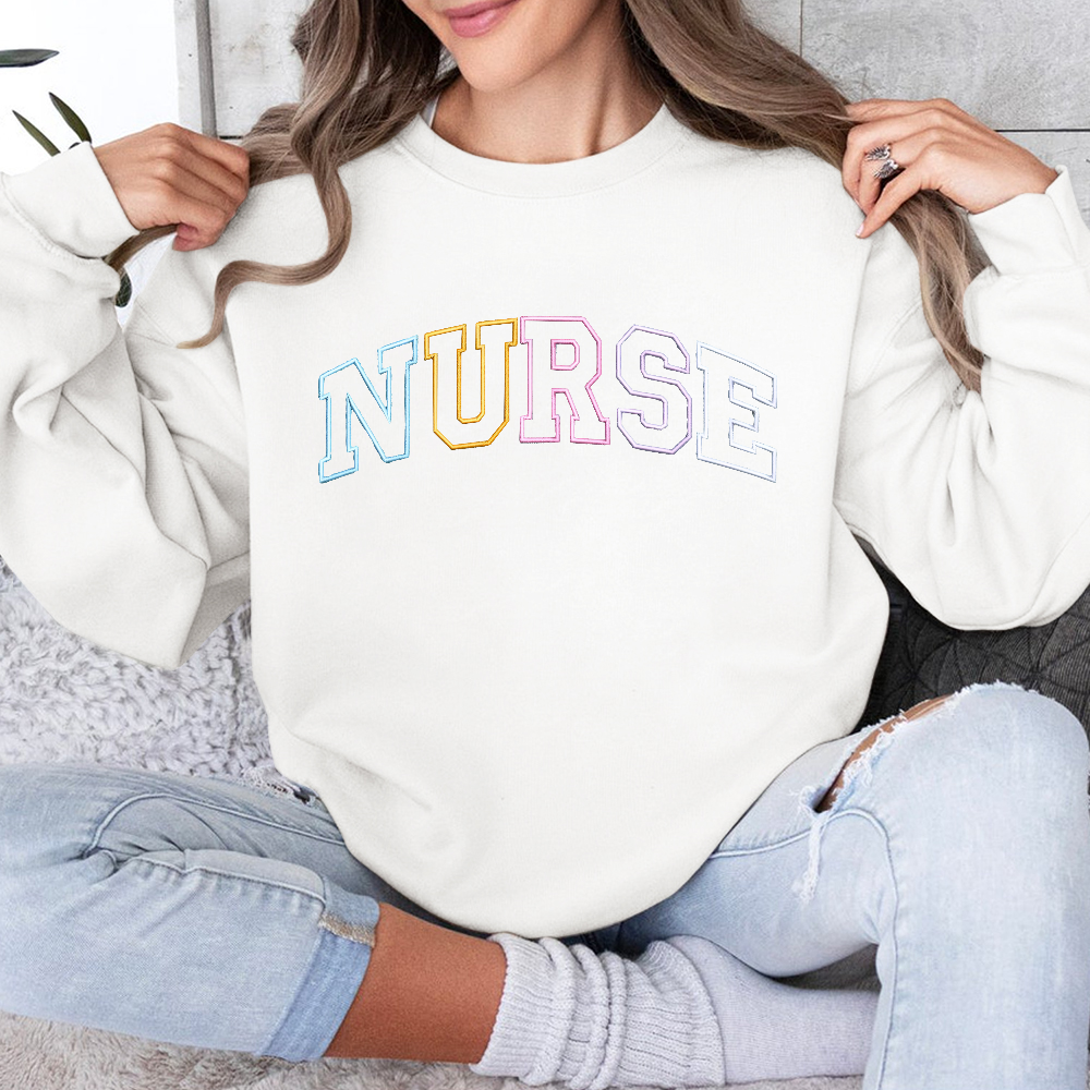Personalized Embroidered Nurse Text Print Embroidered Crew Neck Sweatshirt
