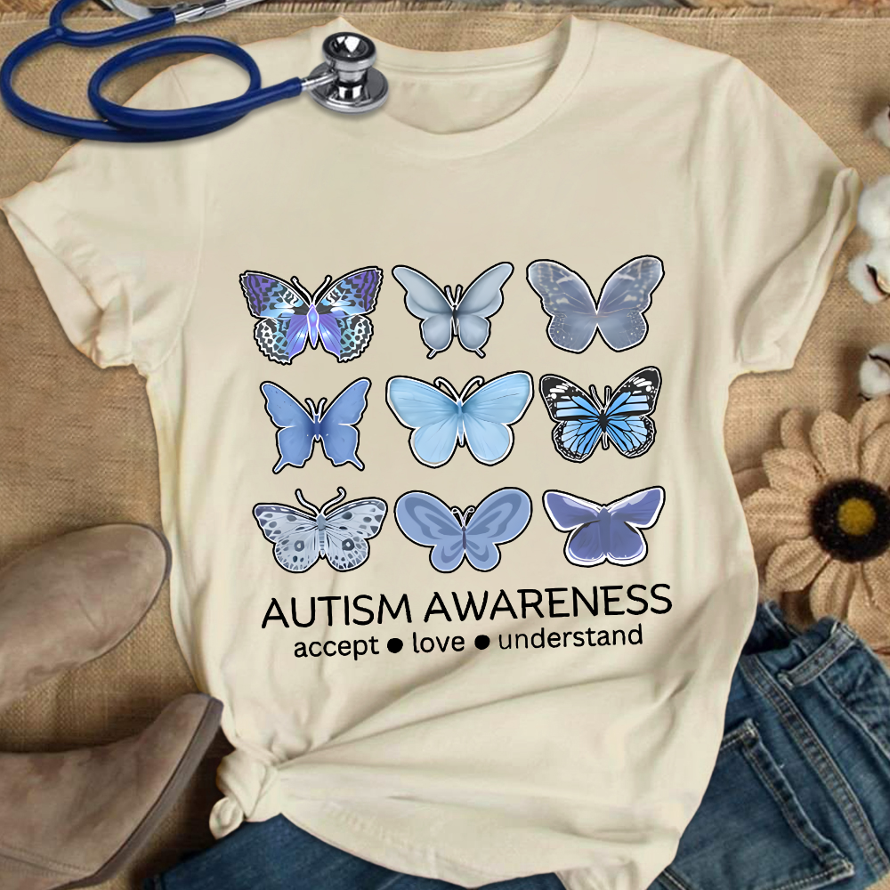 Autism Awareness Butterfly Cotton Nurse T-shirt
