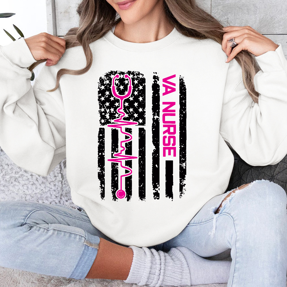 Vintage USA American Flag VA Nurse Patriotic Nursing Gifts Cotton Pullover Sweatshirt
