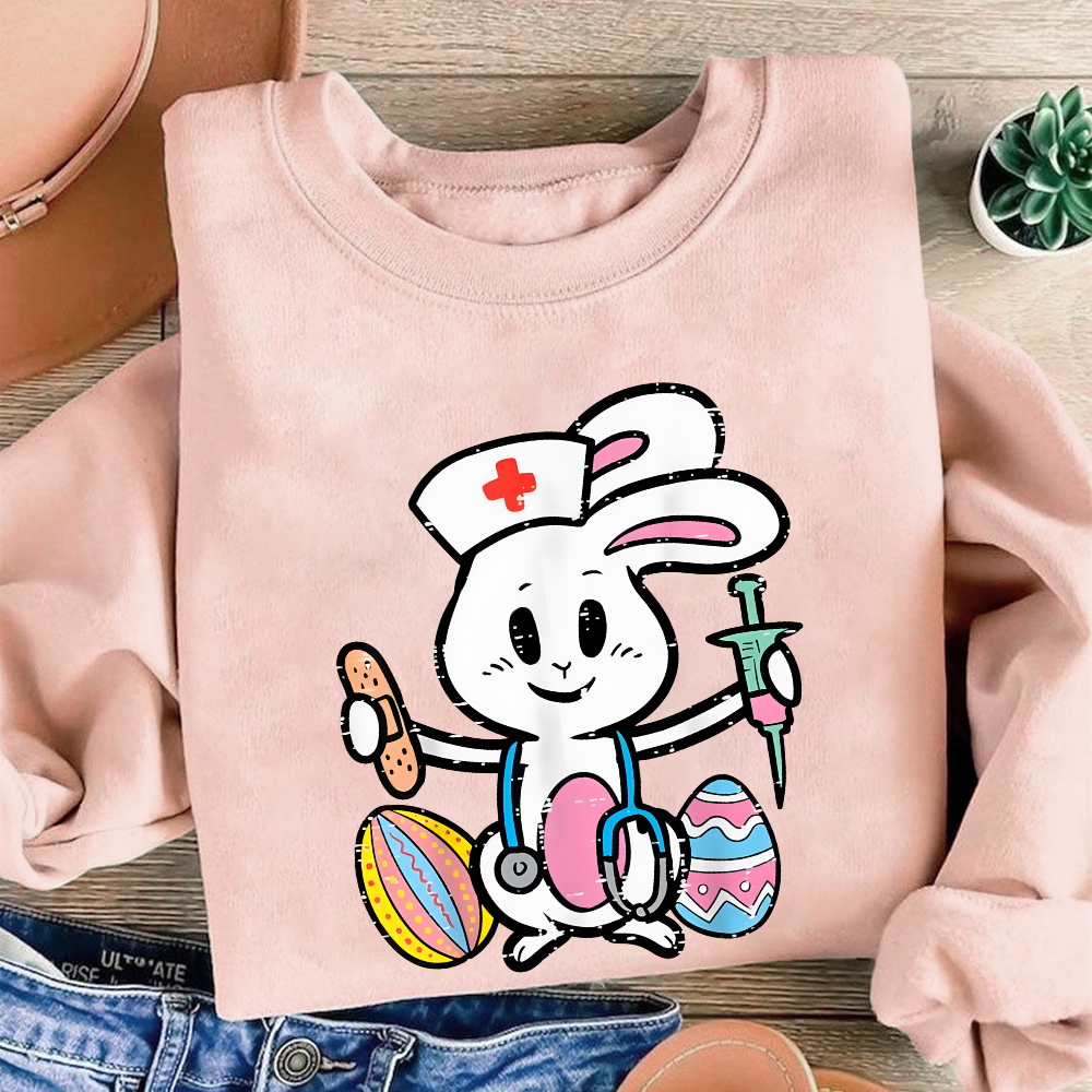 Easter Bunny Nurse Stethoscope Cute Rabbit Cotton Pullover Sweatshirt