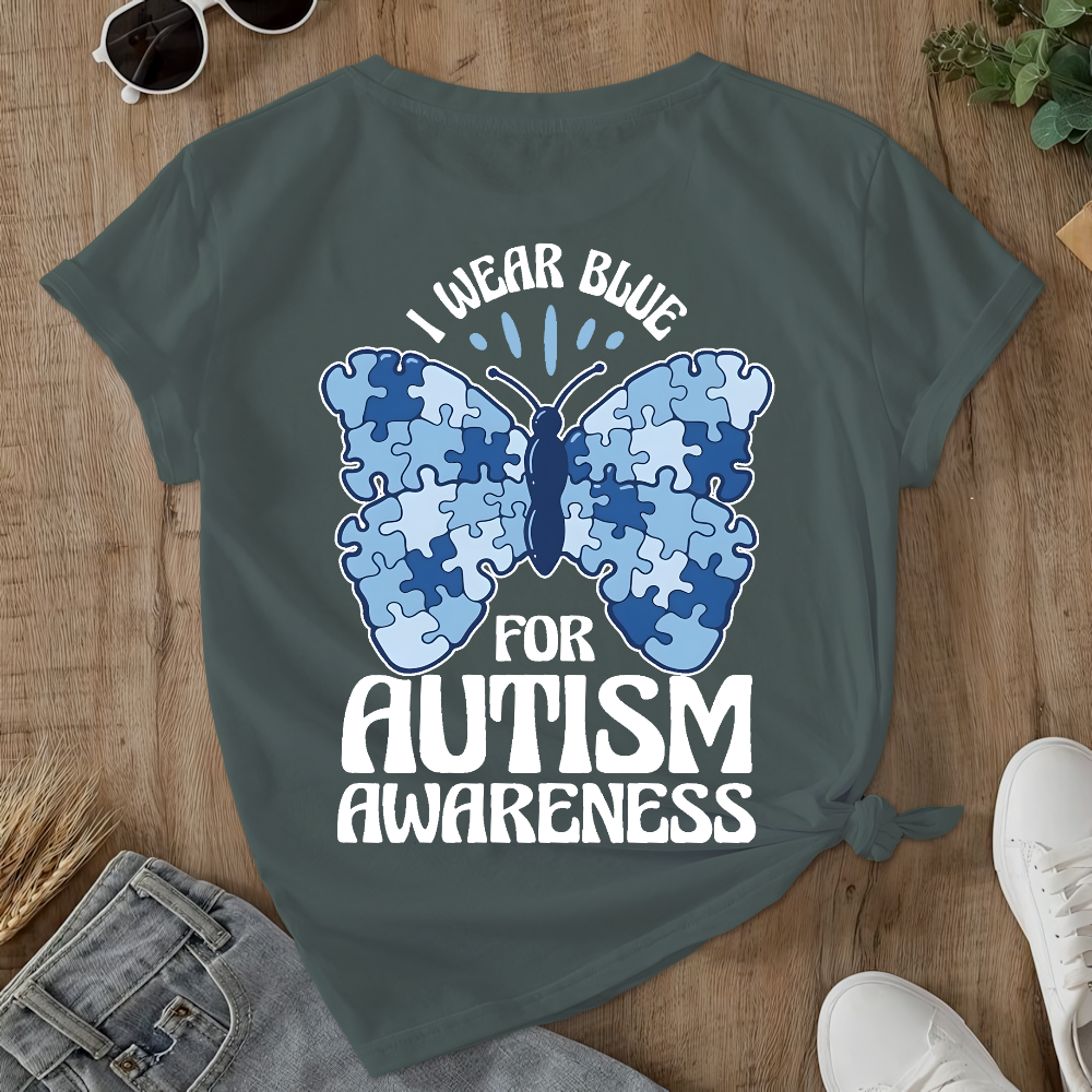 I Wear Blue For Autism Awareness Double-Sided Cotton Printed T-Shirt