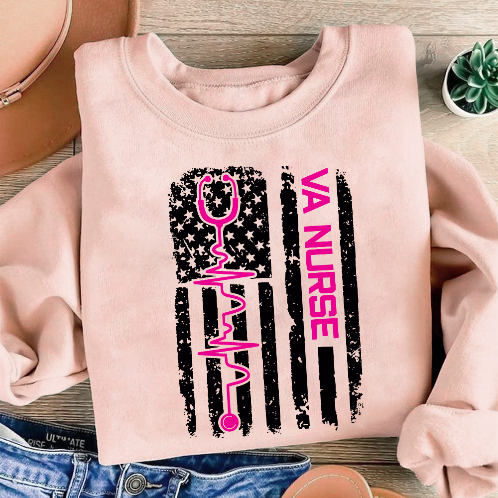 Vintage USA American Flag VA Nurse Patriotic Nursing Gifts Cotton Pullover Sweatshirt