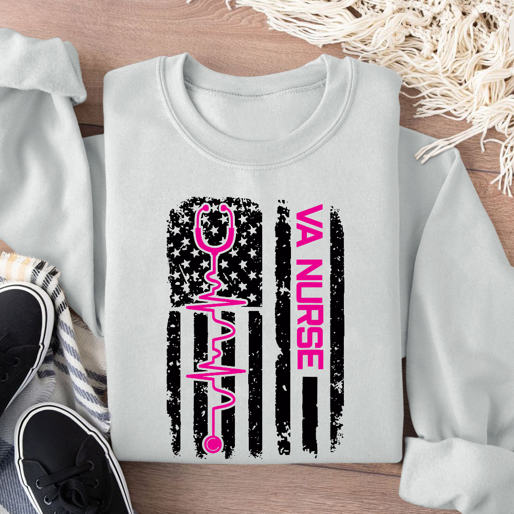 Vintage USA American Flag VA Nurse Patriotic Nursing Gifts Cotton Pullover Sweatshirt