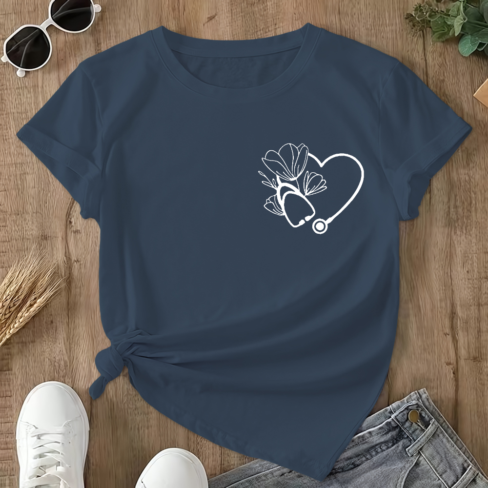 Heart Stethoscope Inspire Love Heal Double-Sided Cotton Printed T-Shirt