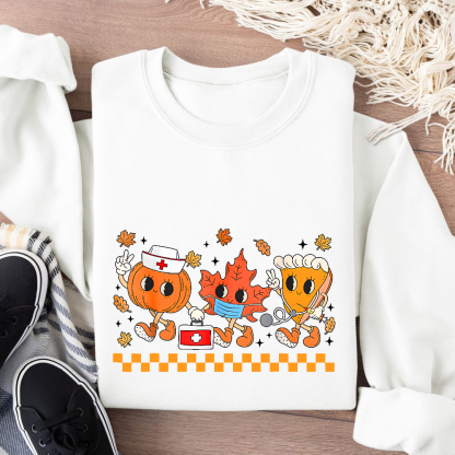 Nurse Pumpkin Leaves Fall Thanksgiving Cotton Pullover Sweatshirt