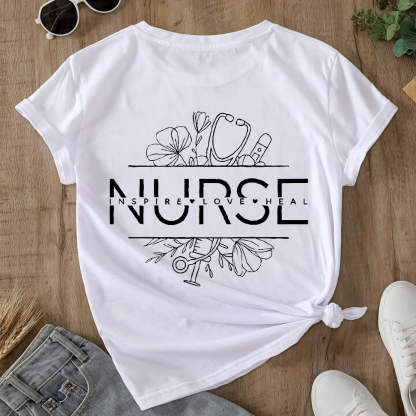 Heart Stethoscope Inspire Love Heal Double-Sided Cotton Printed T-Shirt