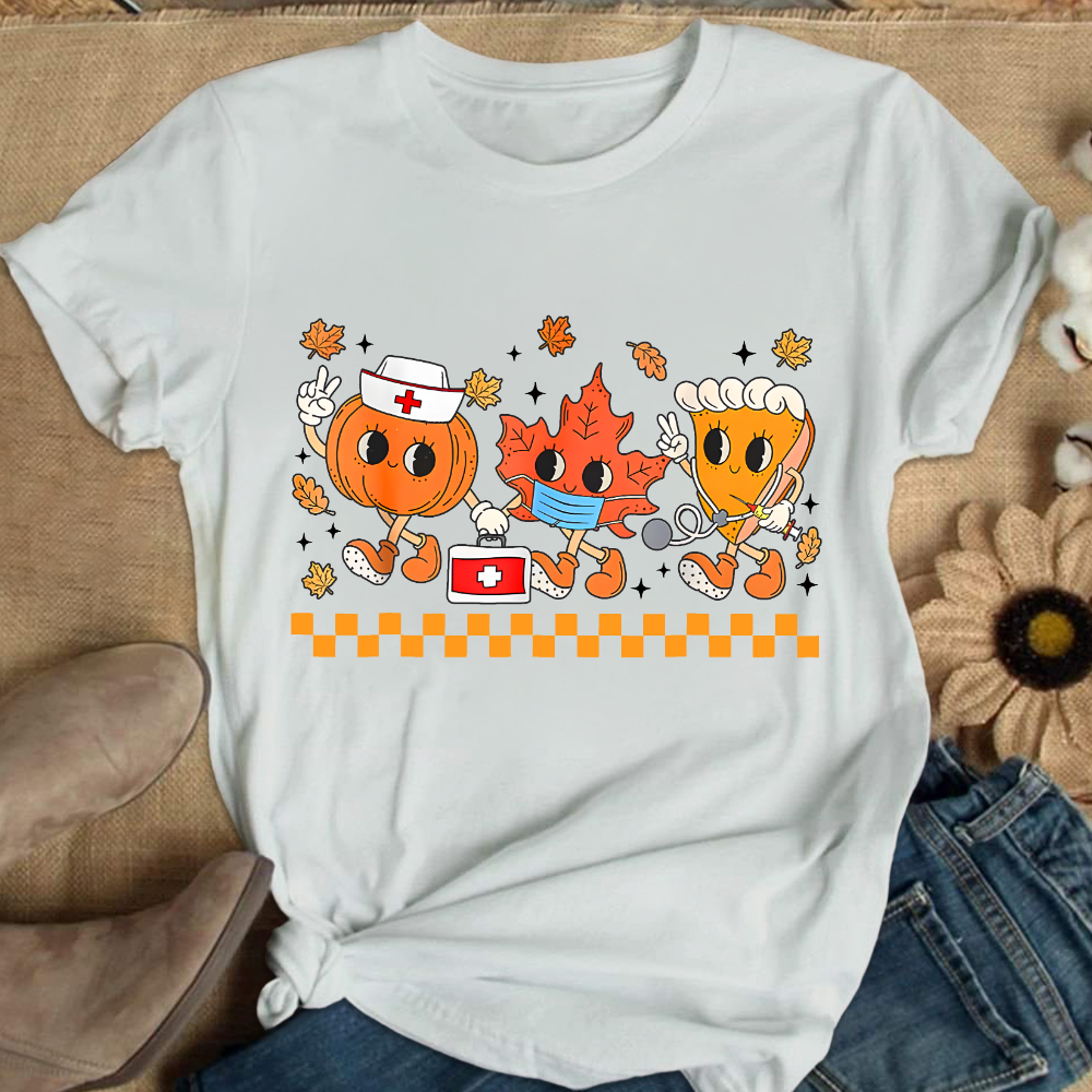 Nurse Pumpkin Leaves Fall Thanksgiving Cotton Nurse T-shirt