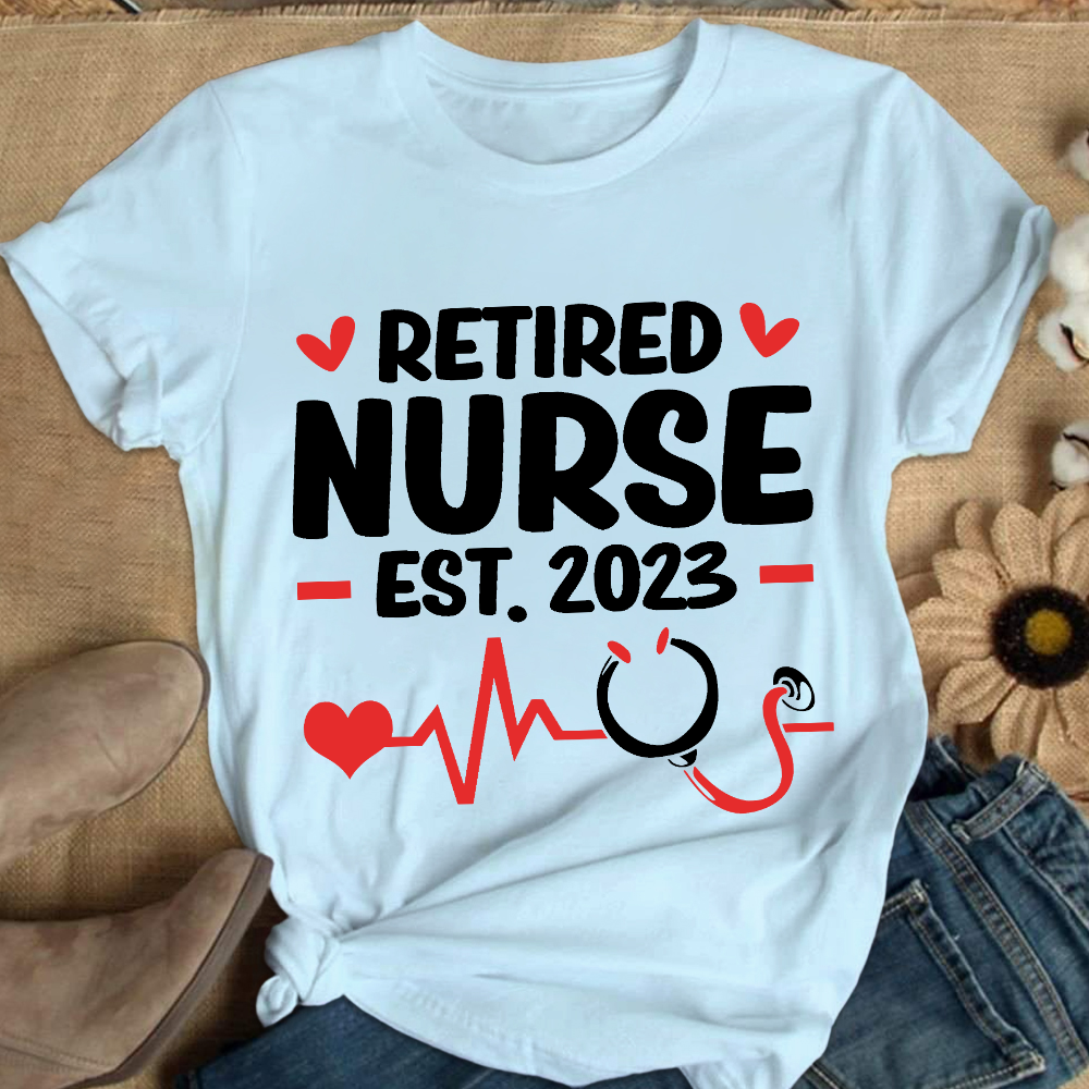Personalized Nurse Stethoscope Heartbeat Retired 2023 Cotton Nurse T-shirt