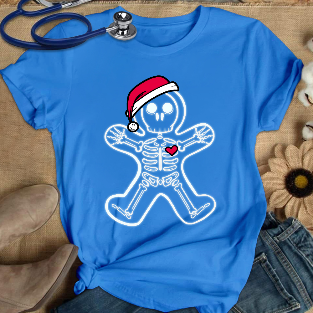 Christmas Gingerbread Man X-Ray Cookie Skeleton Wearing A Santa Hat Classic Cotton Nurse T-shirt