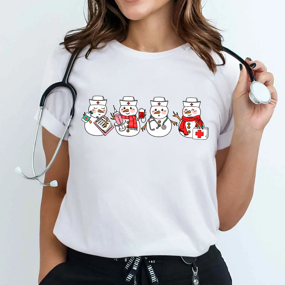 Christmas Nurse Snowman Cotton Nurse T-shirt