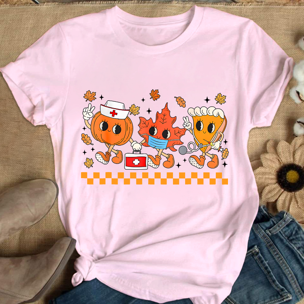 Nurse Pumpkin Leaves Fall Thanksgiving Cotton Nurse T-shirt