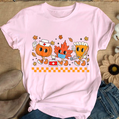Nurse Pumpkin Leaves Fall Thanksgiving Cotton Nurse T-shirt