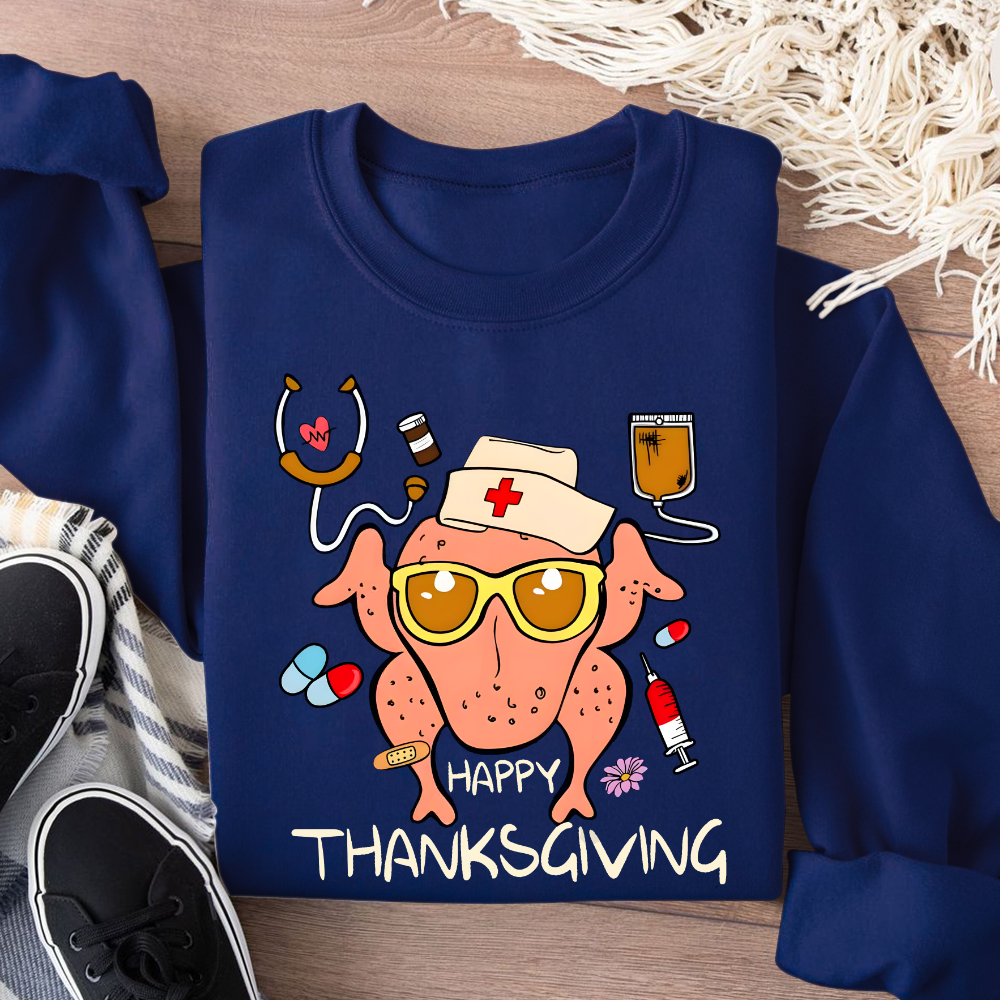 Happy Thanksgiving Turkey Nurse Cotton Pullover Sweatshirt