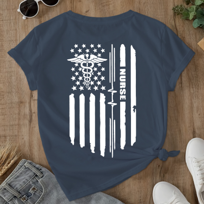 Rn Registered Nursing Nurse Healthcare Ekg Flag Double-Sided Cotton Printed T-Shirt