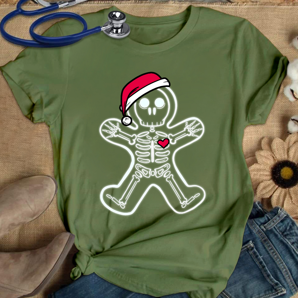 Christmas Gingerbread Man X-Ray Cookie Skeleton Wearing A Santa Hat Classic Cotton Nurse T-shirt