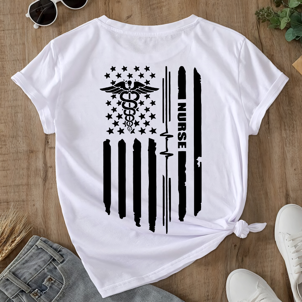 Rn Registered Nursing Nurse Healthcare Ekg Flag Double-Sided Cotton Printed T-Shirt