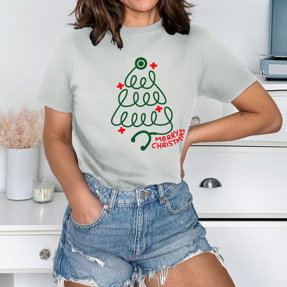Merry Christmas Stethoscope Cotton Nurse T-shirt