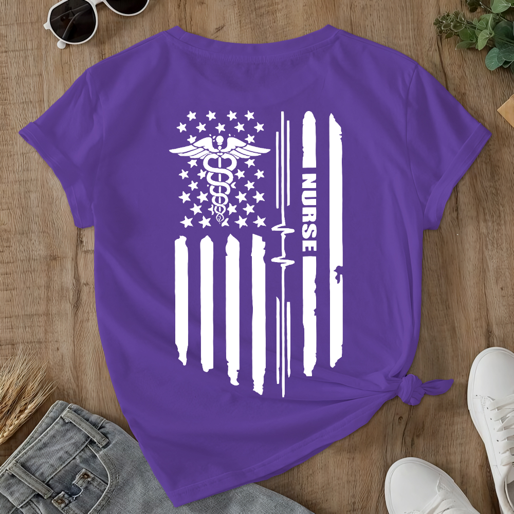 Rn Registered Nursing Nurse Healthcare Ekg Flag Double-Sided Cotton Printed T-Shirt