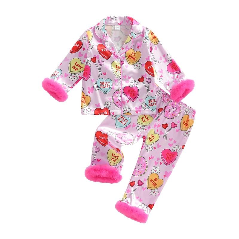 Kids Toddler Girl 2 Piece Valentine's Pajamas Set Heart Shape Pajamas Top with Pajamas Pants Satin Sleepwear
