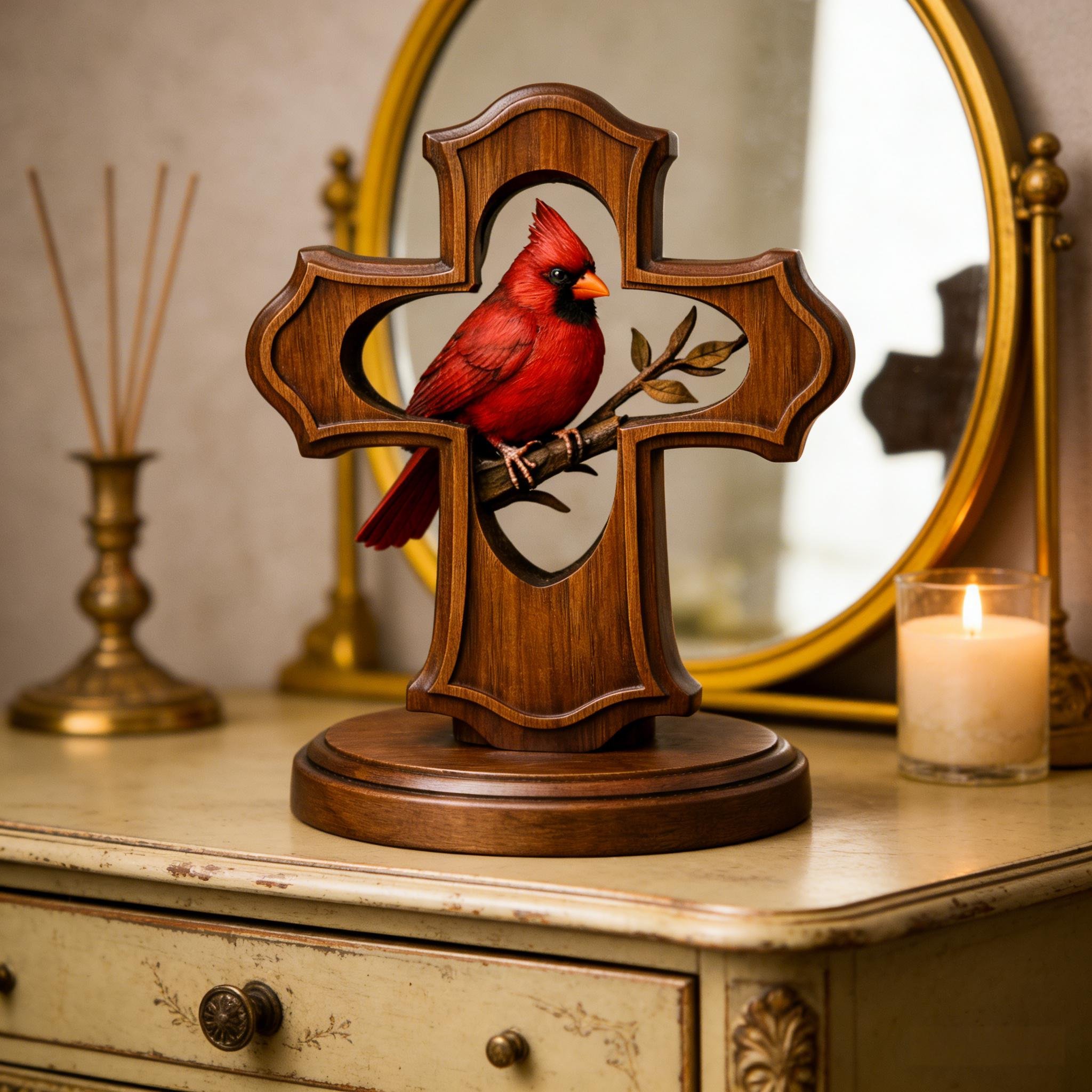 🔥Last Day 50% OFF - ❤️✝️Solid Wood Hand-Carved Cardinal Cross Ornament