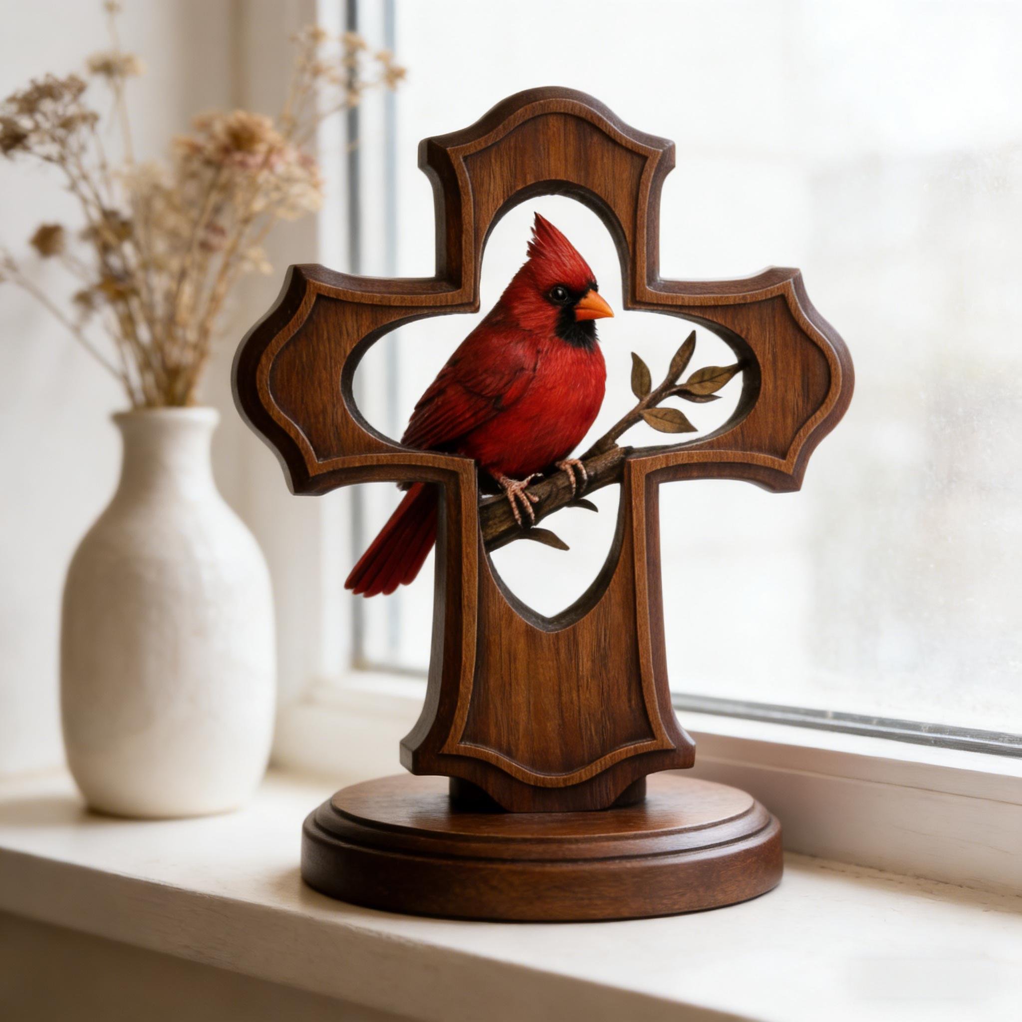 🔥Last Day 50% OFF - ❤️✝️Solid Wood Hand-Carved Cardinal Cross Ornament