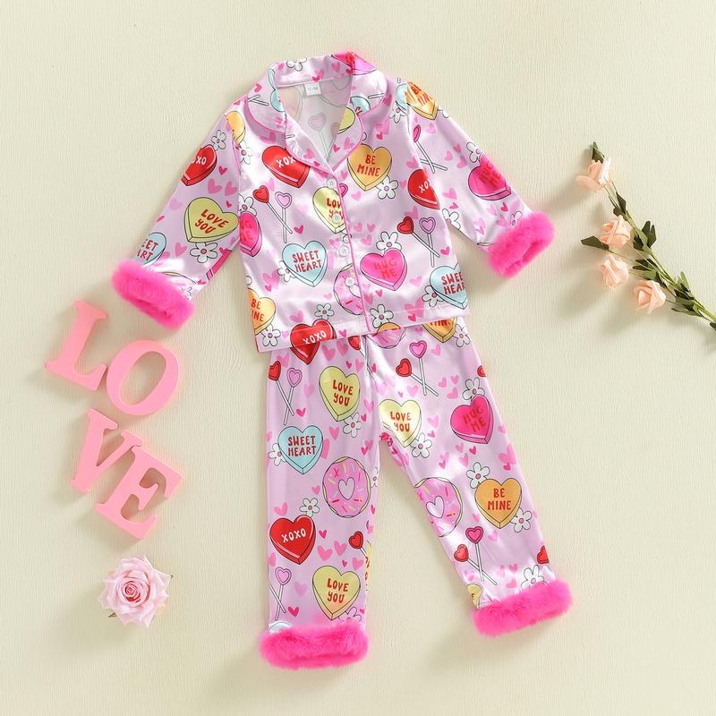 Kids Toddler Girl 2 Piece Valentine's Pajamas Set Heart Shape Pajamas Top with Pajamas Pants Satin Sleepwear