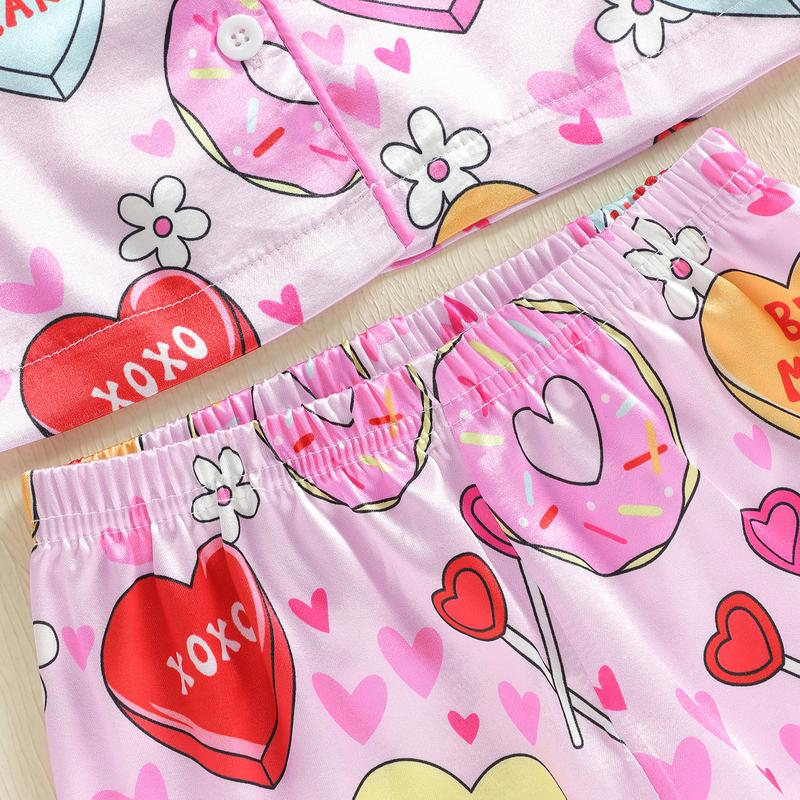 Kids Toddler Girl 2 Piece Valentine's Pajamas Set Heart Shape Pajamas Top with Pajamas Pants Satin Sleepwear