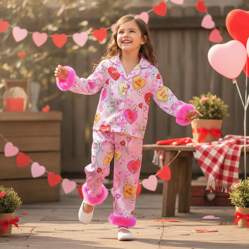 Kids Toddler Girl 2 Piece Valentine's Pajamas Set Heart Shape Pajamas Top with Pajamas Pants Satin Sleepwear