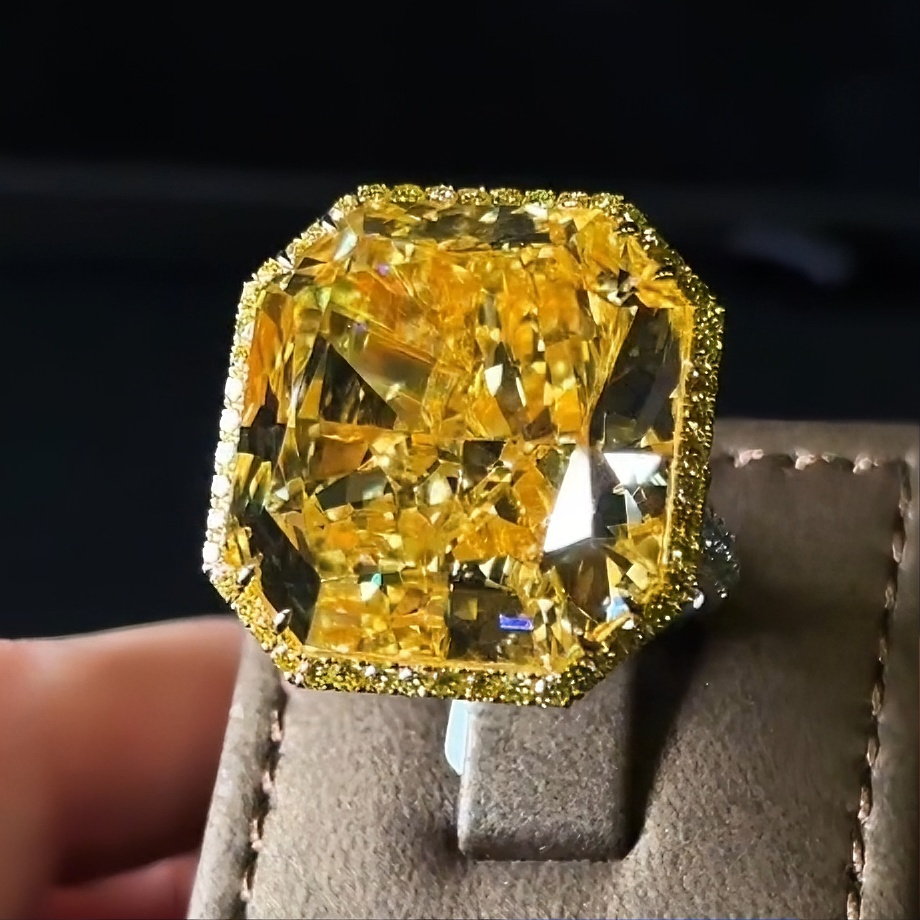 12.3ct Cushion Cut Yellow Sapphire Diamond Ring