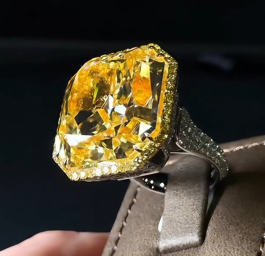 12.3ct Cushion Cut Yellow Sapphire Diamond Ring