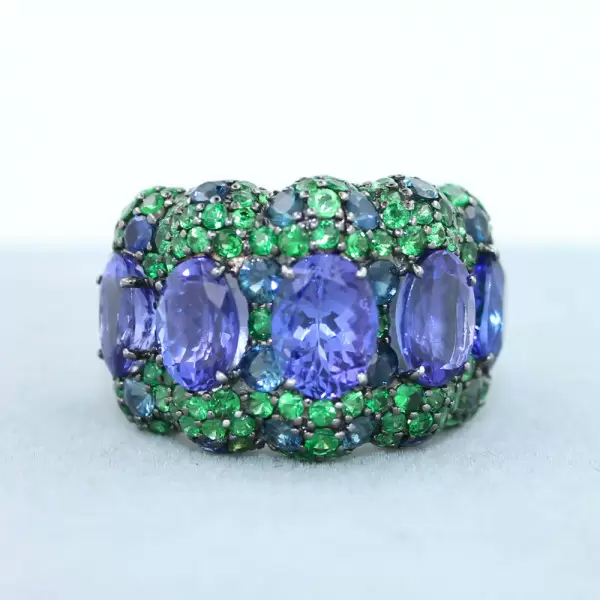 8.7ct Oval Cut Tanzanite Blue and Green Sapphire Cocktail Ring