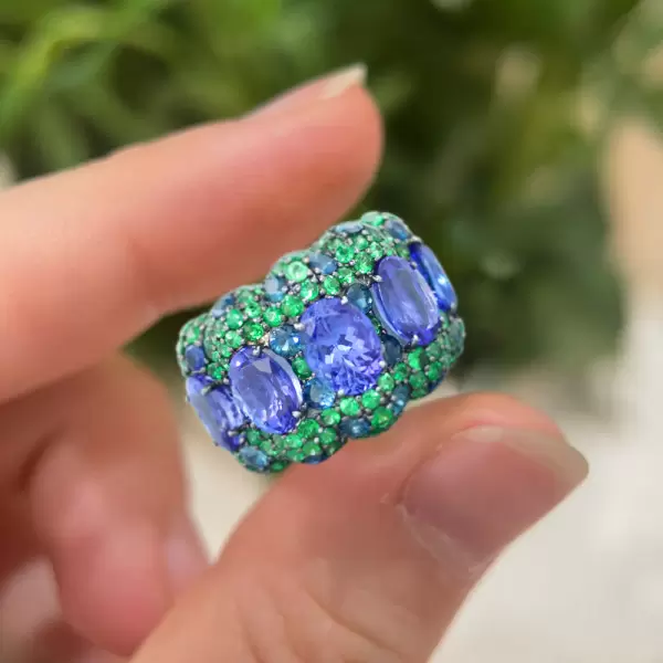 8.7ct Oval Cut Tanzanite Blue and Green Sapphire Cocktail Ring