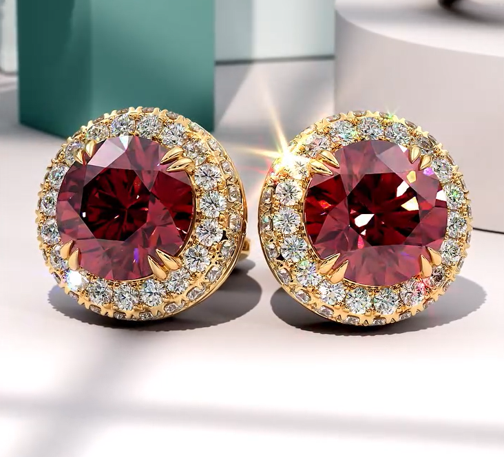 Elegant Victorian 3ct Round Cut Ruby (Romantic Dating) Diamond Halo Earrings - Timeless Radiance​