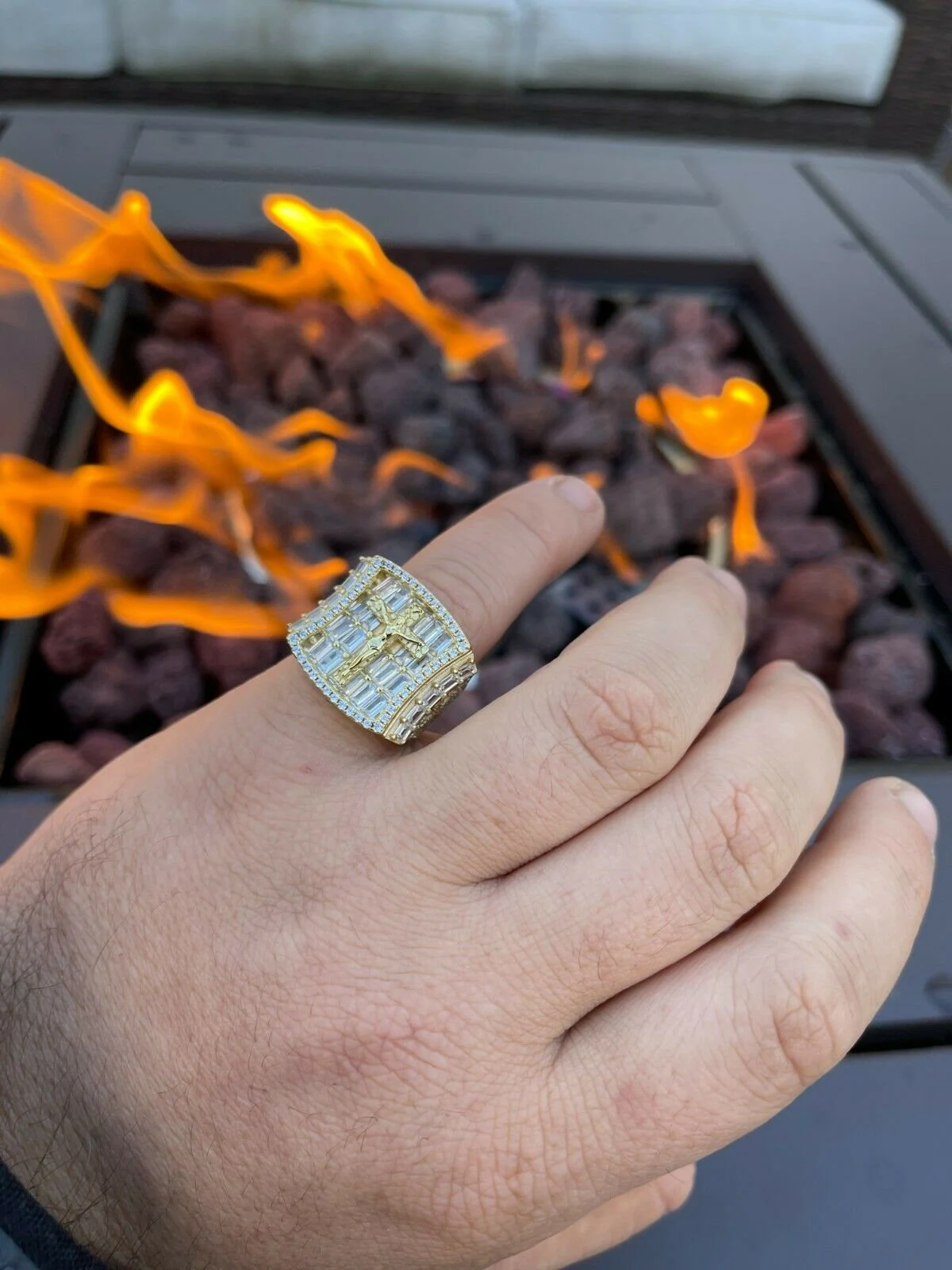 Men's Solid 925 Sterling Silver Iced Hip Hop Baguette  Pinky Cross Ring