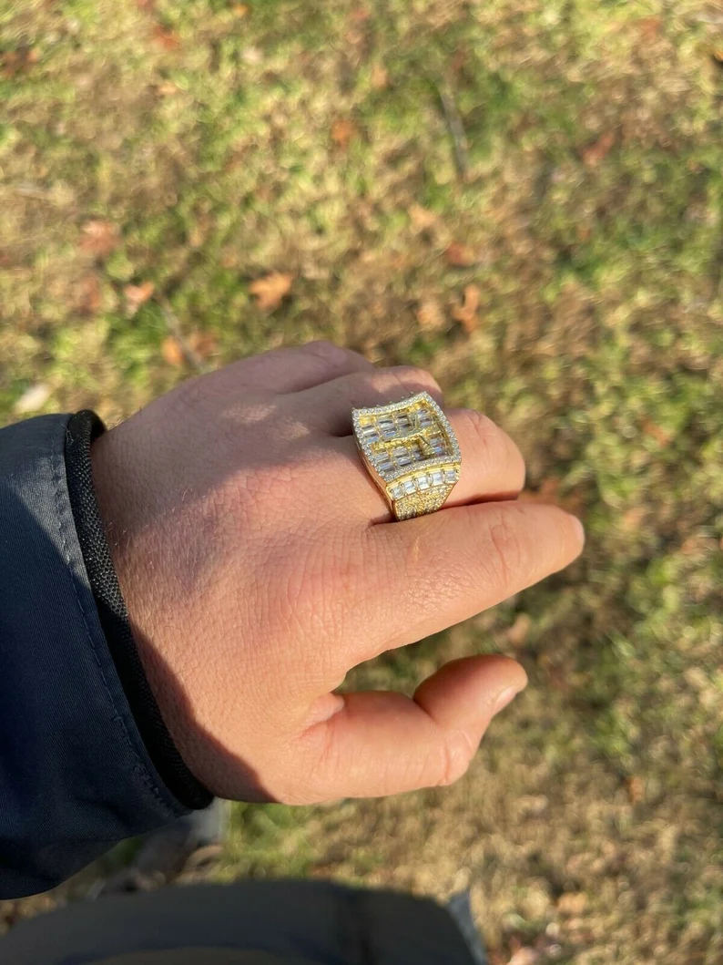 Men's Solid 925 Sterling Silver Iced Hip Hop Baguette  Pinky Cross Ring