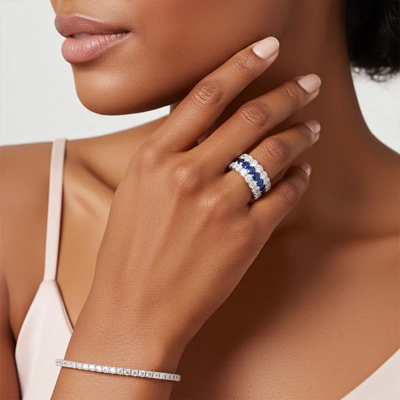 Three Row Round Cut  Sapphire Engagement Ring