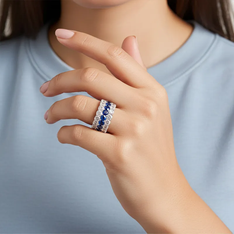 Three Row Round Cut  Sapphire Engagement Ring