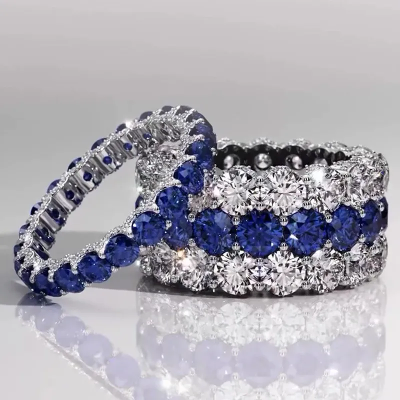 Three Row Round Cut  Sapphire Engagement Ring