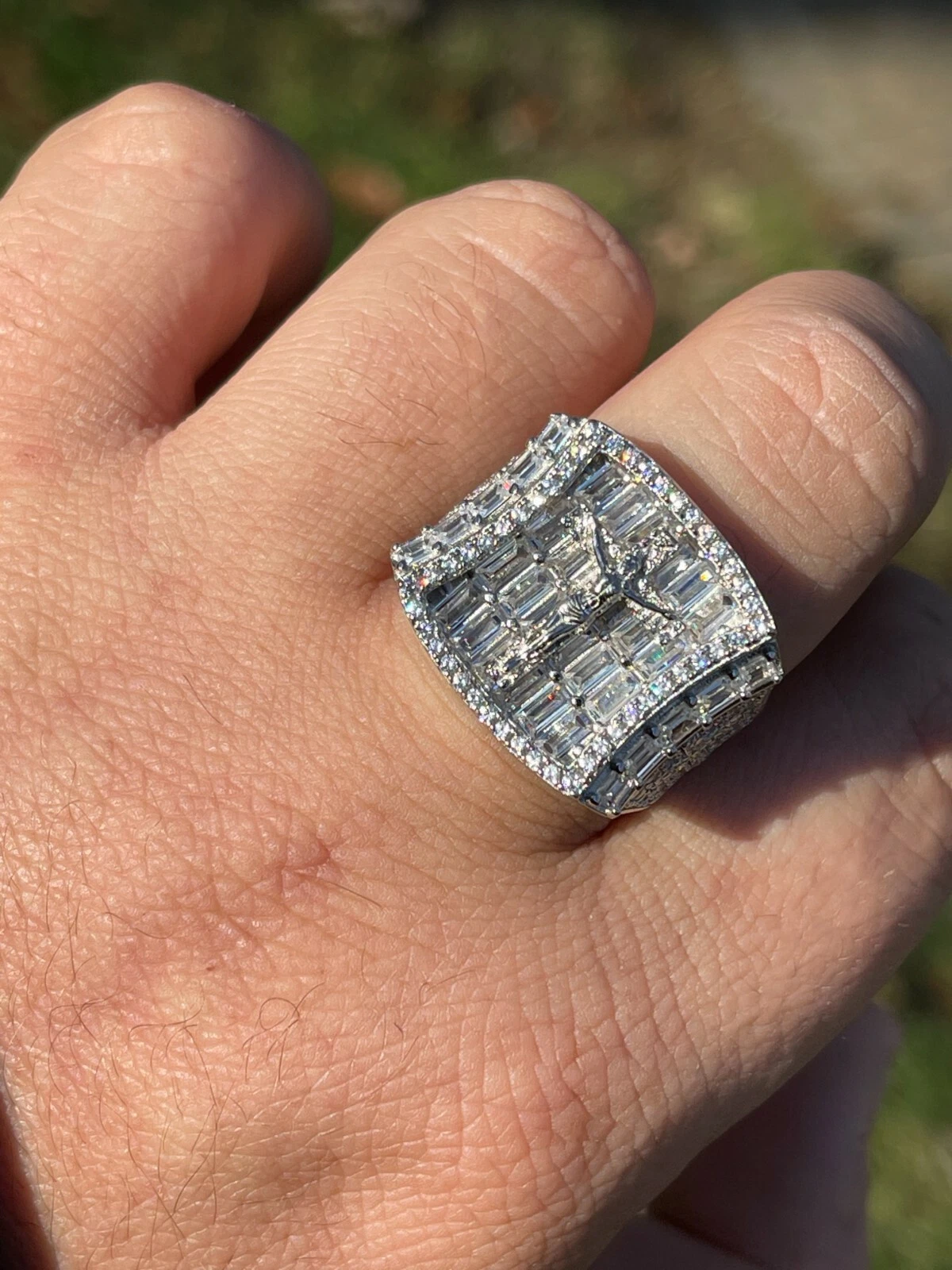 Men's Solid 925 Sterling Silver Iced Hip Hop Baguette  Pinky Cross Ring