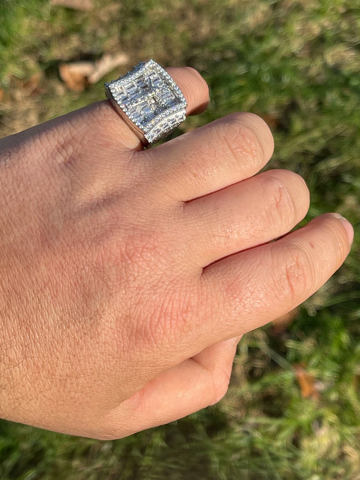 Men's Solid 925 Sterling Silver Iced Hip Hop Baguette  Pinky Cross Ring