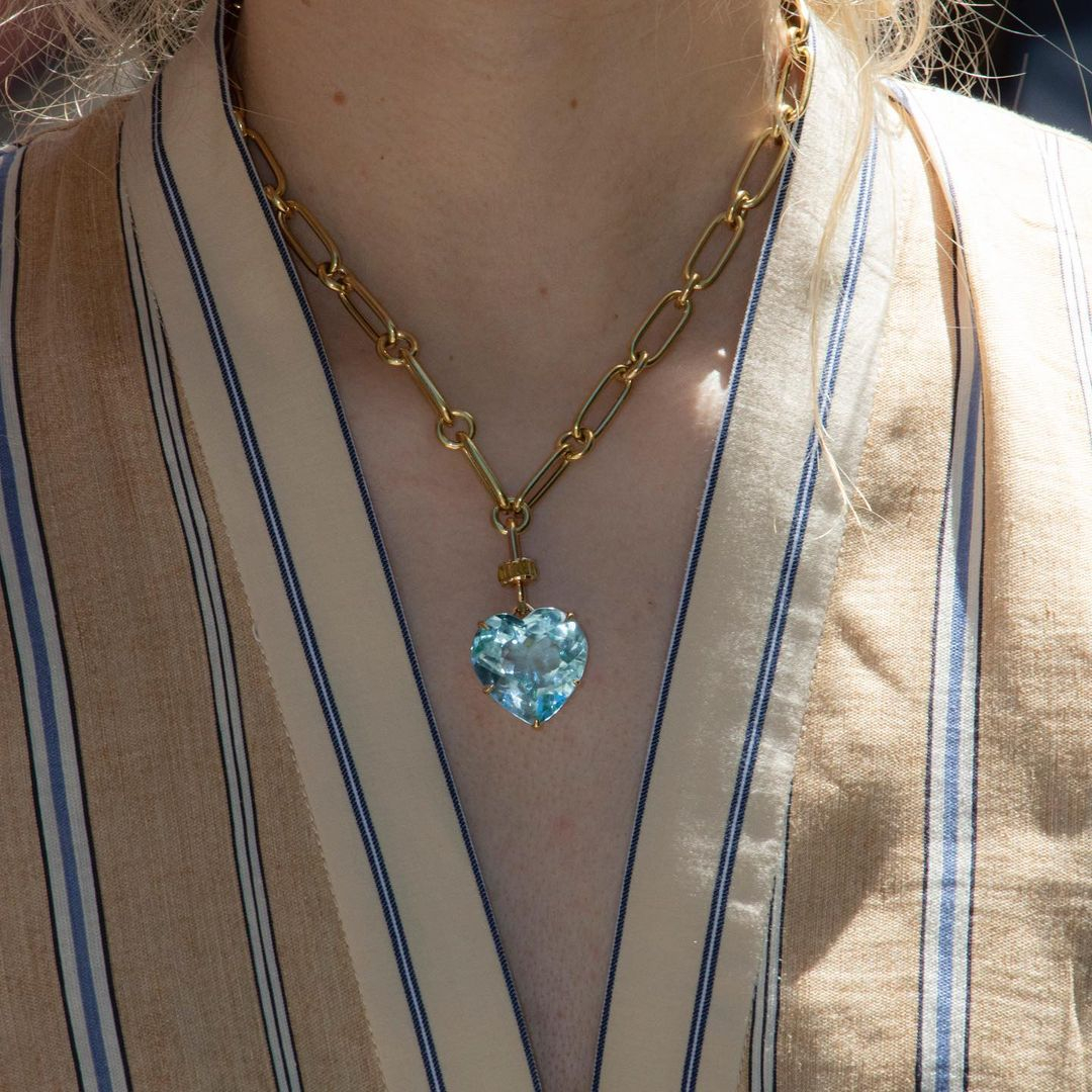 15ct Heart Cut Ruby/Aquamarine Chain Link Statement Necklace