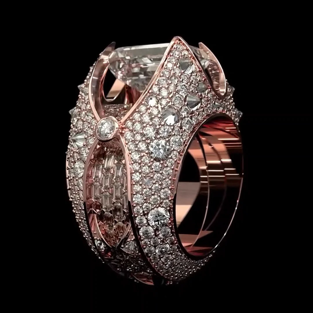 10ctw Emerald Cut Pave Setting Dual Wear Stacking Ring