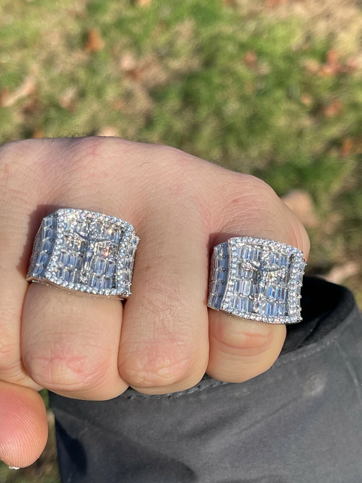 Men's Solid 925 Sterling Silver Iced Hip Hop Baguette  Pinky Cross Ring