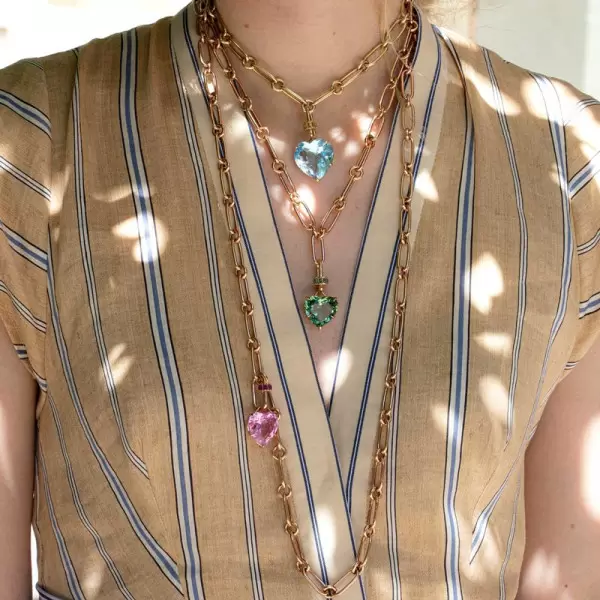 15ct Heart Cut Ruby/Aquamarine Chain Link Statement Necklace