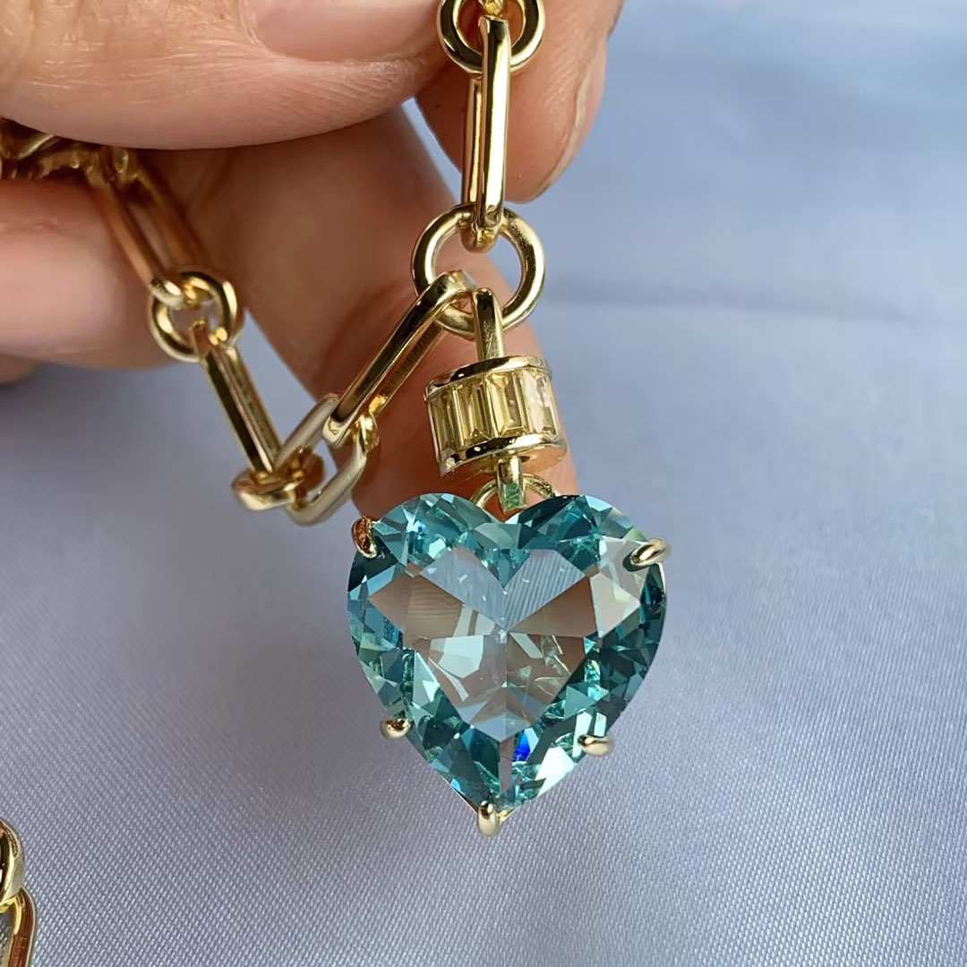 15ct Heart Cut Ruby/Aquamarine Chain Link Statement Necklace