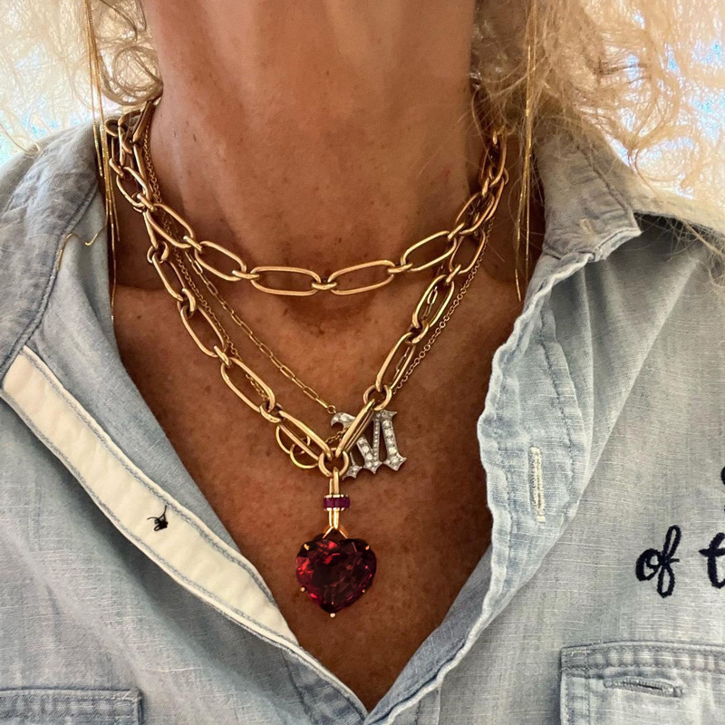 15ct Heart Cut Ruby/Aquamarine Chain Link Statement Necklace