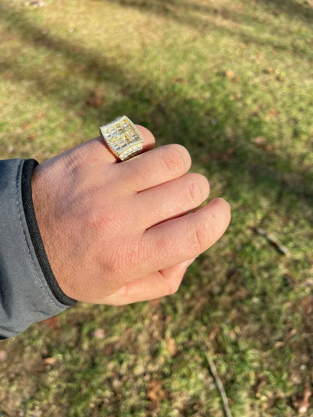 Men's Solid 925 Sterling Silver Iced Hip Hop Baguette  Pinky Cross Ring