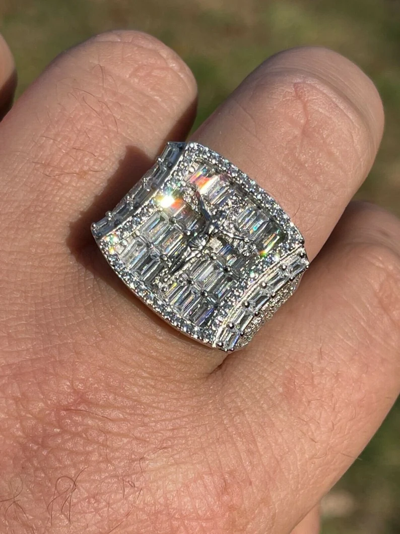 Men's Solid 925 Sterling Silver Iced Hip Hop Baguette  Pinky Cross Ring