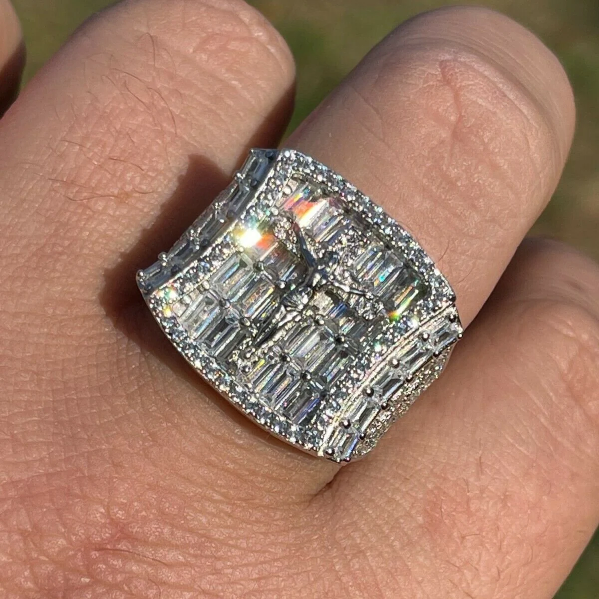 Men's Solid 925 Sterling Silver Iced Hip Hop Baguette  Pinky Cross Ring